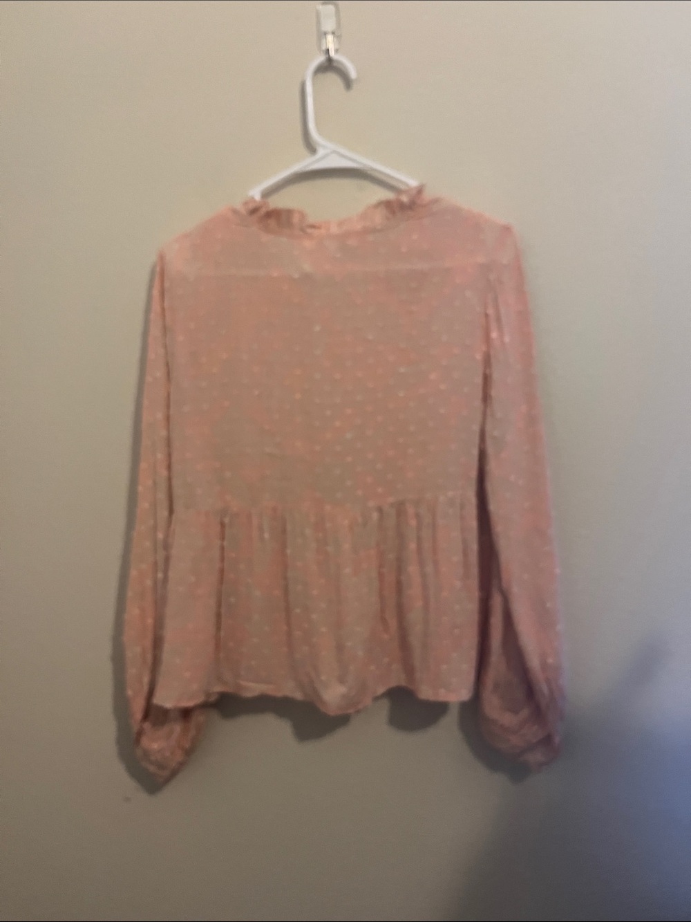 Olivaceous Peach Dot Ruffle Neck Peplum Blouse - Picture 4 of 5